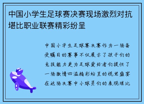 中国小学生足球赛决赛现场激烈对抗堪比职业联赛精彩纷呈